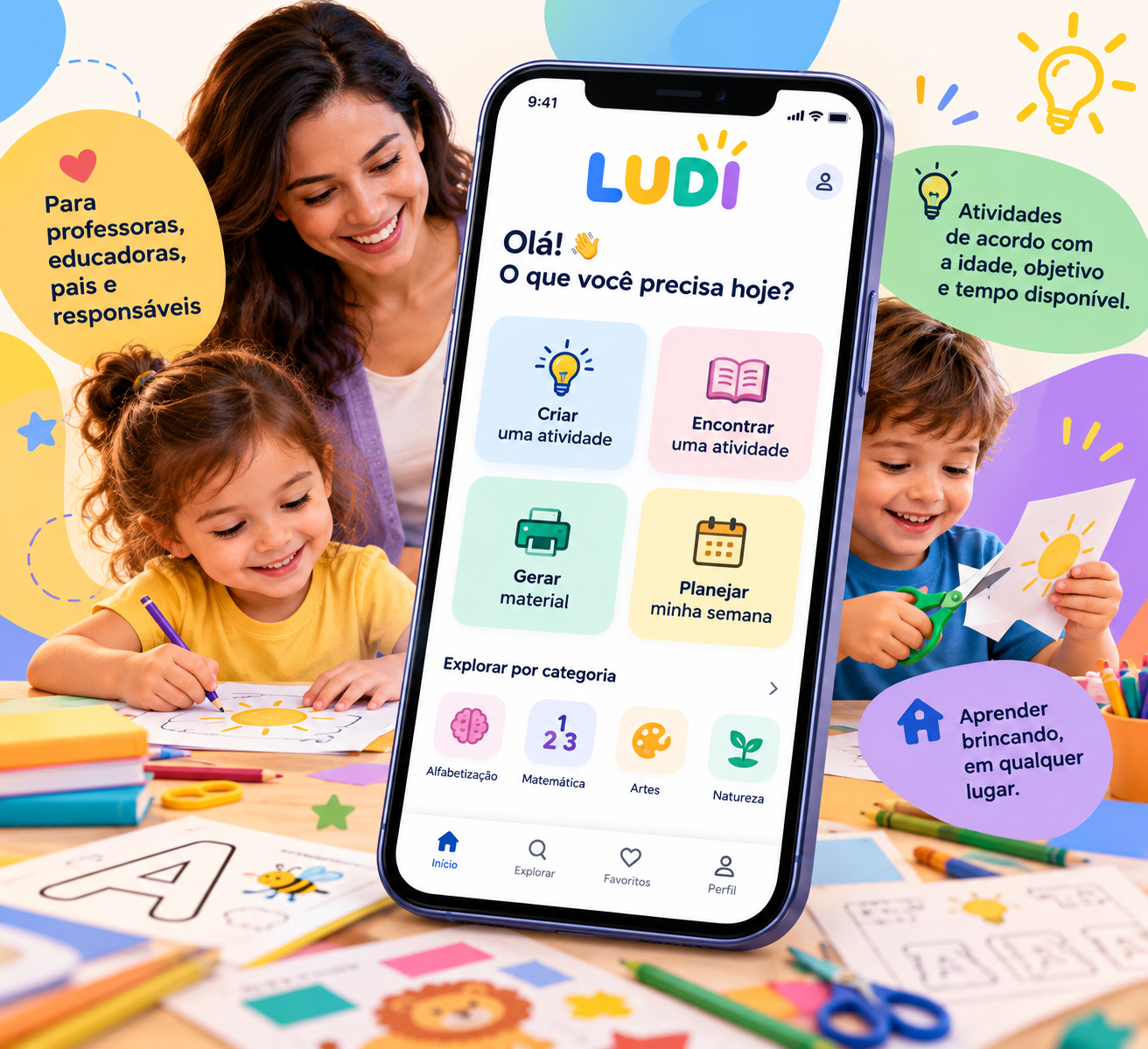 Aplicativo LUDI em um celular com atividades educativas