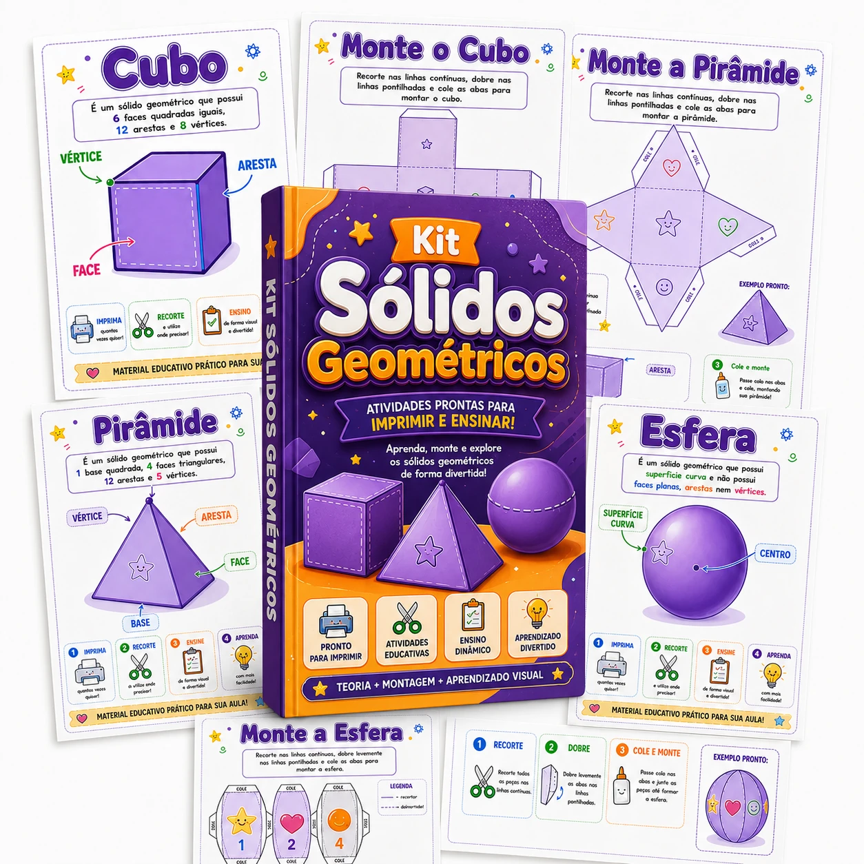 Kit de sólidos geométricos com fichas e moldes